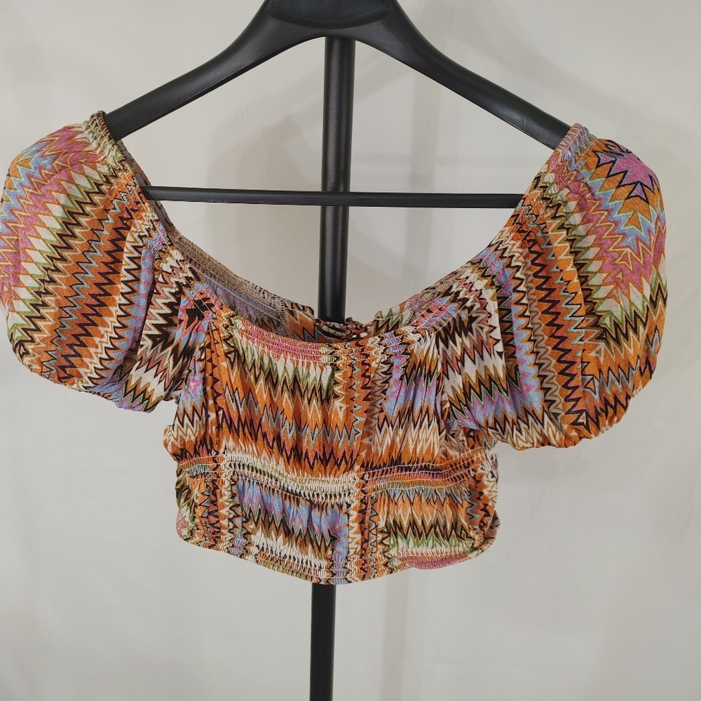 Urban Outfitters Boho Puff Sleeve Crop Top Tie Front Zig Zag Festival Women L - Picture 7 of 11